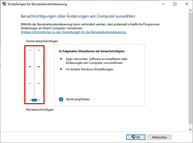 Einstellungen für Benutzerkontensteuerung