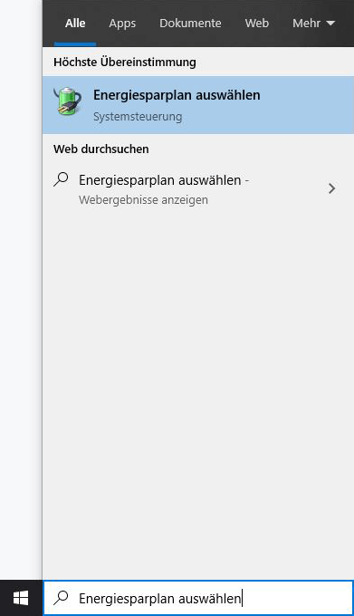 Energiesparplan auswählen in Suchleiste suchen