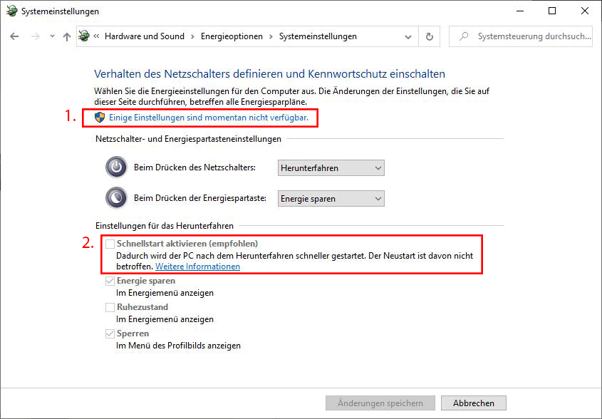 Schnellstart bei Windows in den Systemeinstellungen deaktivieren, Energieoptionen