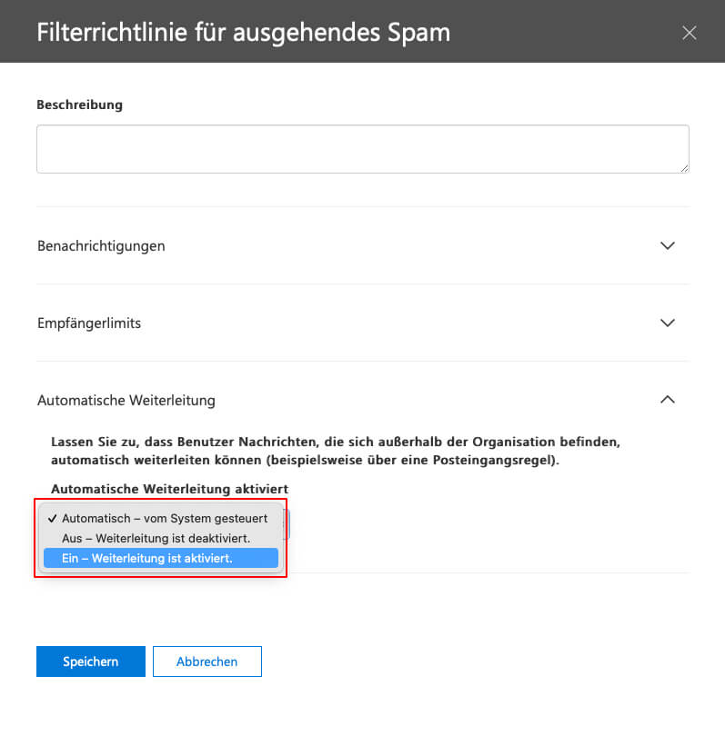 Weiterleitung von E-Mails an externe Empfänger aktivieren