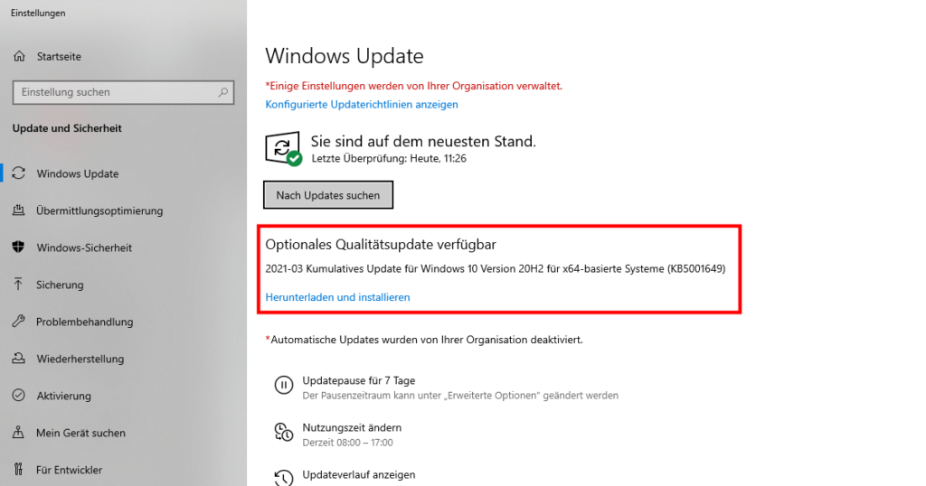 Optionales Windows Update für fehlerhaftes Update KB5000802