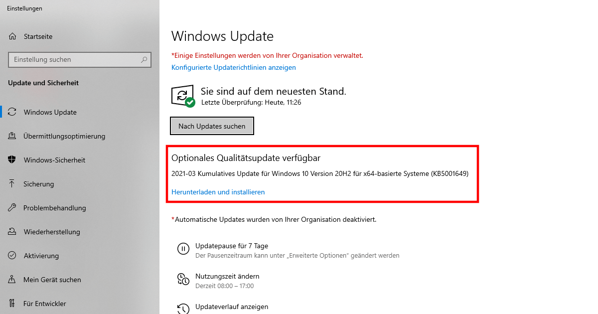 Optionales Windows Update für fehlerhaftes Update KB5000802