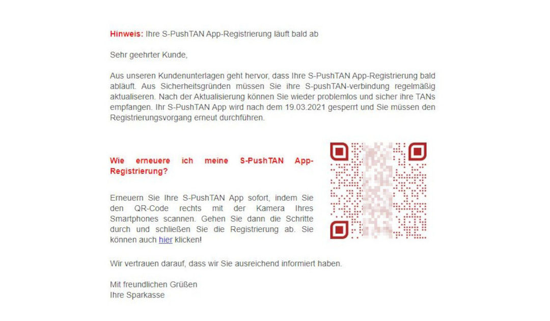 “Ihre PushTAN App-Registrierung läuft bald ab”: Phishing Mails im Namen der Sparkasse
