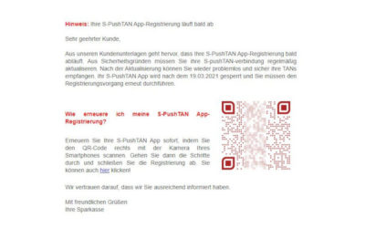 “Ihre PushTAN App-Registrierung läuft bald ab”: Phishing Mails im Namen der Sparkasse