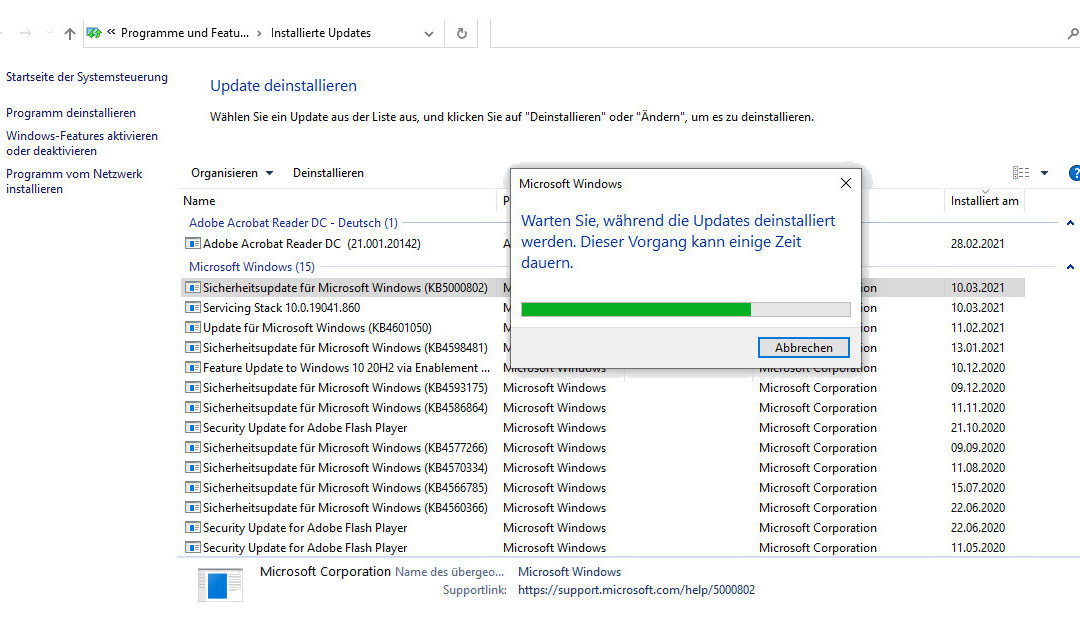 Probleme mit Windows Update KB5000802: Deinstallation empfohlen
