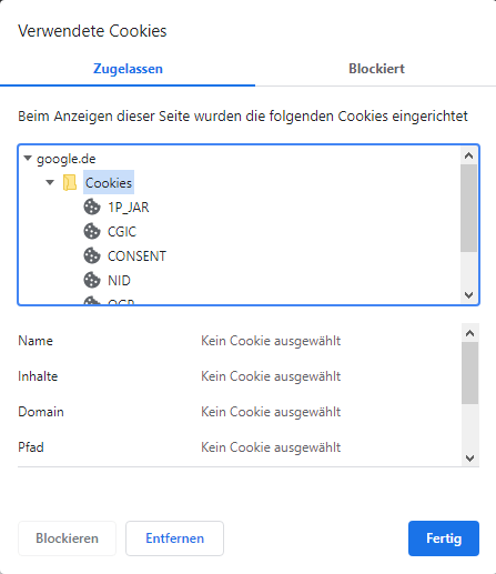 Aktive und blockierte Cookies auf Website