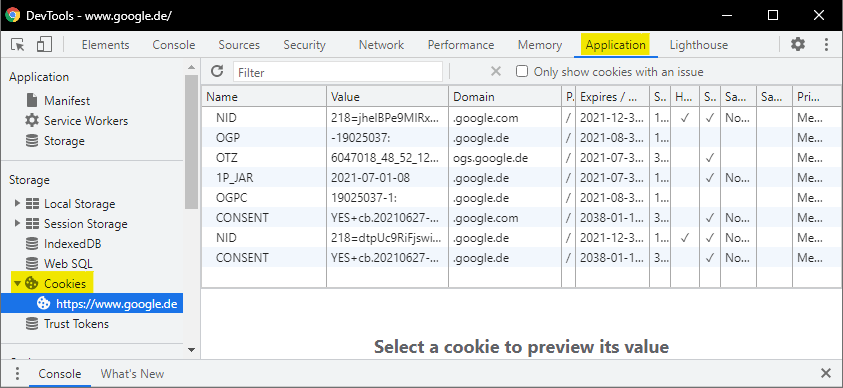 Cookies in Google Chrome DevTools