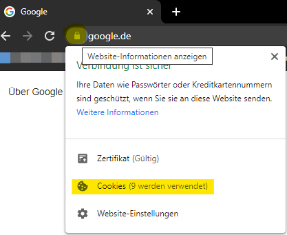 Cookies der aktuellen Website in Browser anzeigen