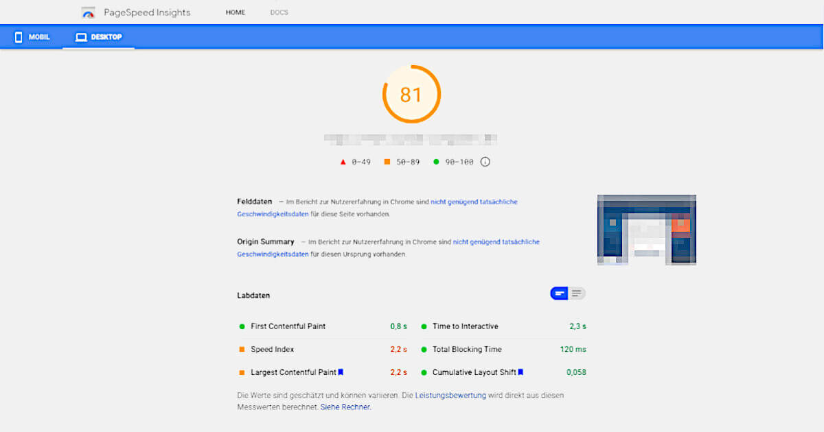 Wertung für die Ladegeschwindigkeit einer Website bei Google PageSpeed Insights