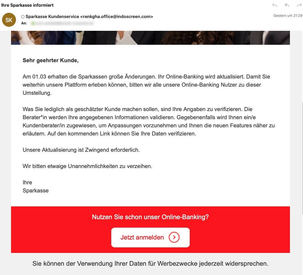Phishing E-Mail im Namen der Sparkasse