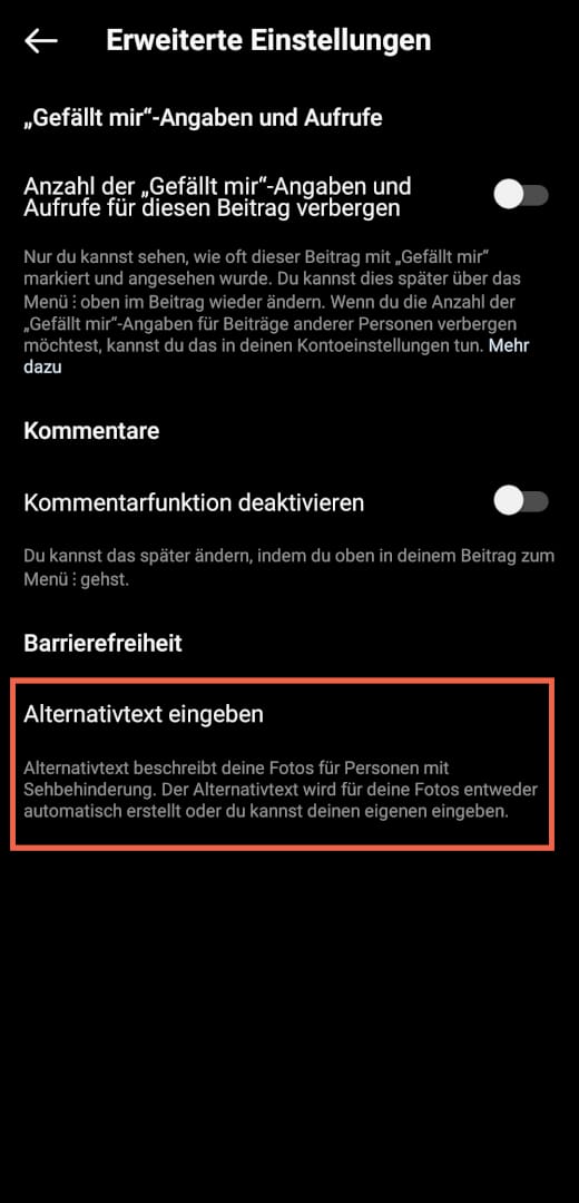 auf Schaltfläche "Alternativtext eingeben" tippen, sichtbar durch die rote Markierung
